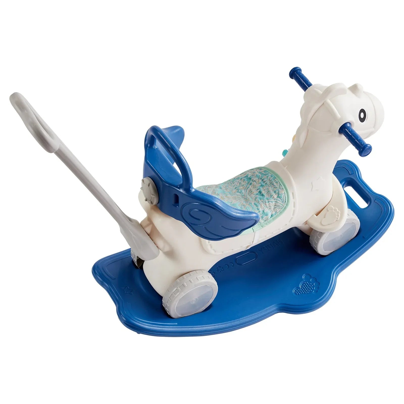 VEVOR 4 in 1 Rocking Horse for Toddlers 1-3 Years, Baby Rocking Horse with Detachable Balance Board, Push Handle and 4 Smooth Wheels, Support up to 80 lbs HDPE Kids Ride on Toy with Sound, Blue - Mekamart Australia
