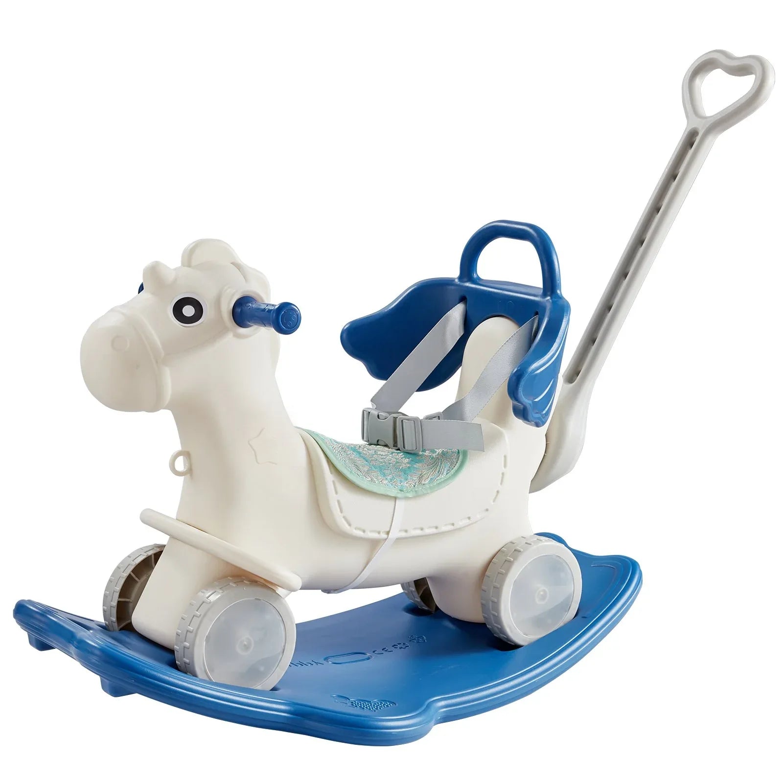 VEVOR 4 in 1 Rocking Horse for Toddlers 1-3 Years, Baby Rocking Horse with Detachable Balance Board, Push Handle and 4 Smooth Wheels, Support up to 80 lbs HDPE Kids Ride on Toy with Sound, Blue - Mekamart Australia