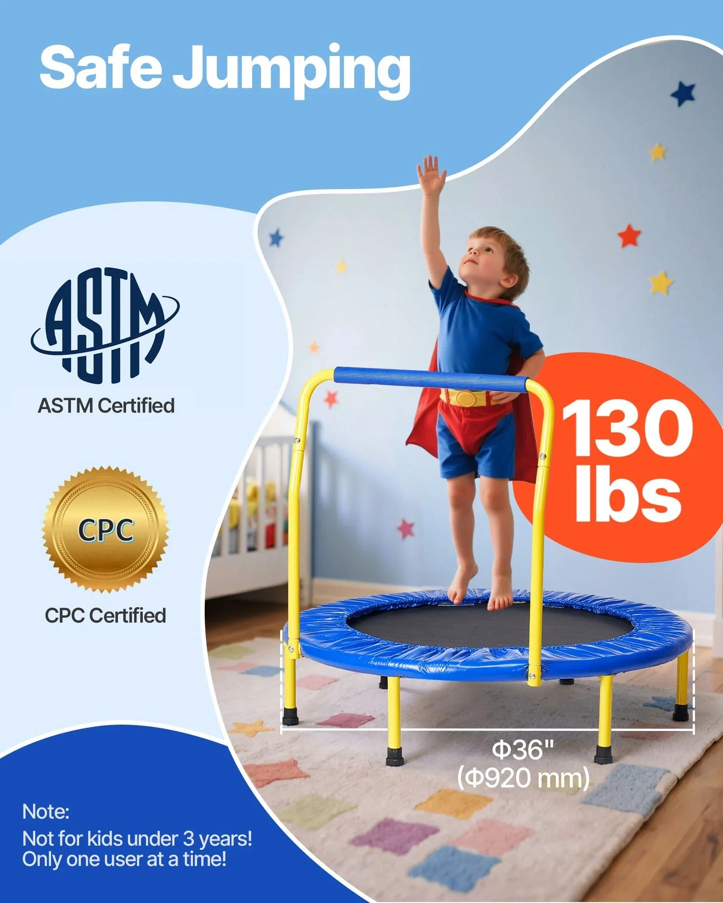 VEVOR 3FT Trampoline for Kids, 92 cm Trampolines Indoor/Outdoor Trampoline for Toddlers, Foldable Mini Baby Trampoline with Foam Handle, Recreational Trampoline Birthday Gift for 3+ Years Kids - Mekamart Australia