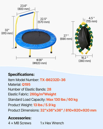 VEVOR 3FT Trampoline for Kids, 92 cm Trampolines Indoor/Outdoor Trampoline for Toddlers, Foldable Mini Baby Trampoline with Foam Handle, Recreational Trampoline Birthday Gift for 3+ Years Kids - Mekamart Australia