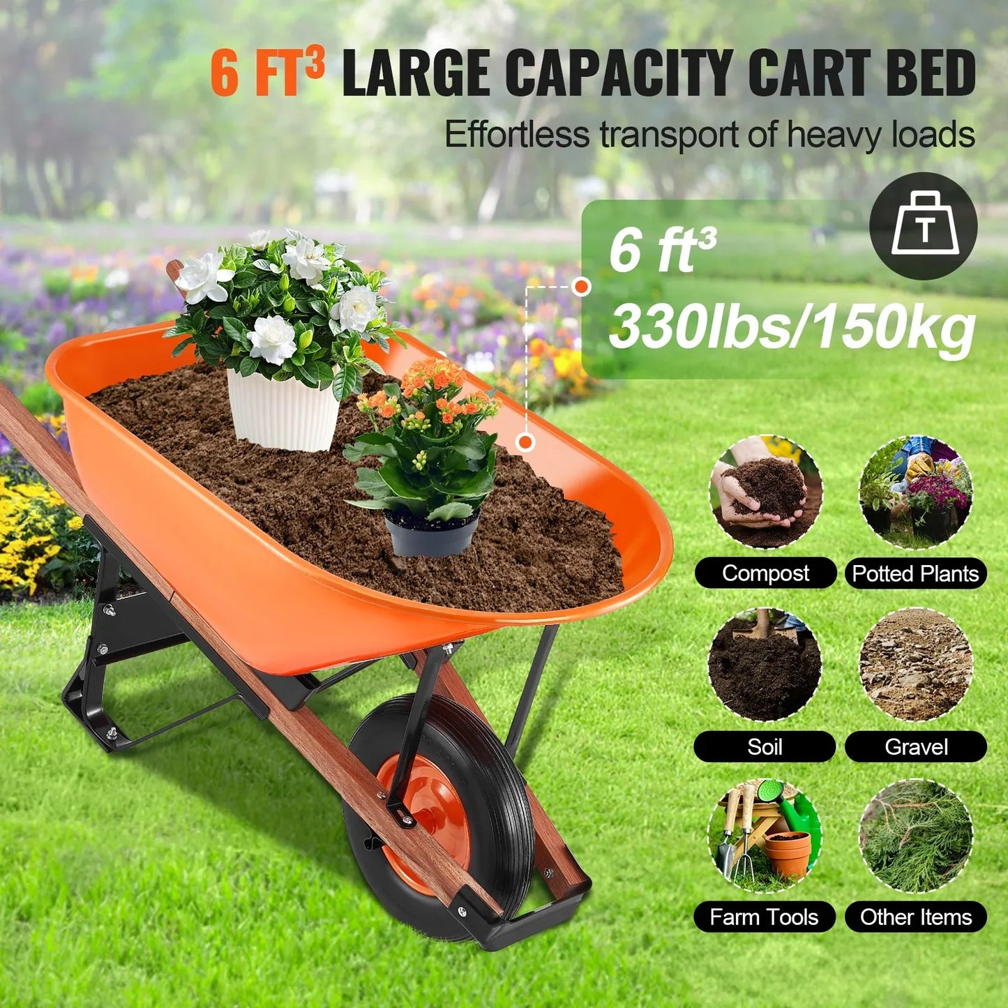VEVOR Wheelbarrow Cart One Wheel 6 Cu Ft Garden Dump Cart 330 lbs Utility Cart - Mekamart Australia