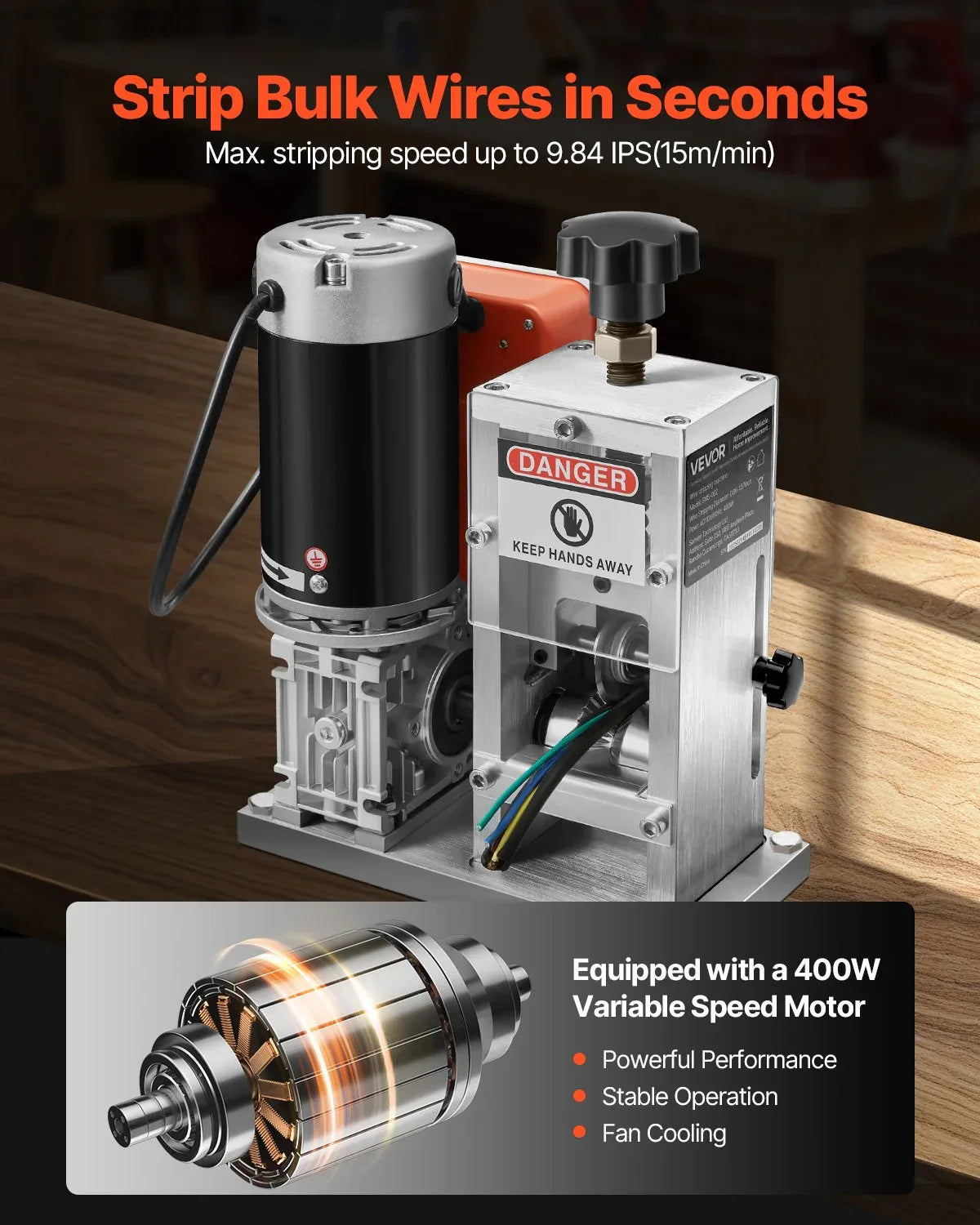 VEVOR Electric Wire Stripping Machine, 1.5-40 mm, 400W Automatic Motorized Cable Stripper, 9.84 IPS (15 m/min) Wire Peeler with Alloy Blades, V-Shaped Rollers, Cooling Fan, for Scrap Copper Recycling - Mekamart Australia