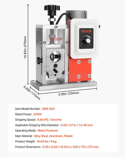 VEVOR Electric Wire Stripping Machine, 1.5-40 mm, 400W Automatic Motorized Cable Stripper, 9.84 IPS (15 m/min) Wire Peeler with Alloy Blades, V-Shaped Rollers, Cooling Fan, for Scrap Copper Recycling - Mekamart Australia