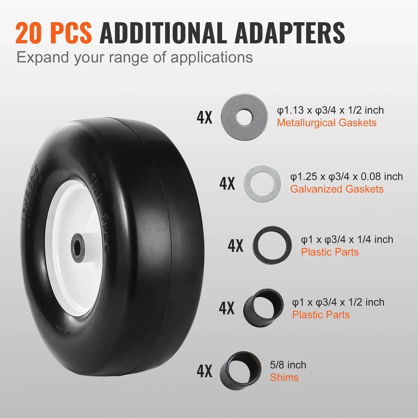VEVOR Lawn Mower Tires with Rim, 13x5-6" Tubeless Tractor Tires, 2-Pack Tire and Wheel Assembly, Flat-free PU Tires, 3.25"-5.9" Centered Hub, 3/4" Bushing Size, 20 PCS Adapter for Lawn Mowers Tractors - Mekamart Australia