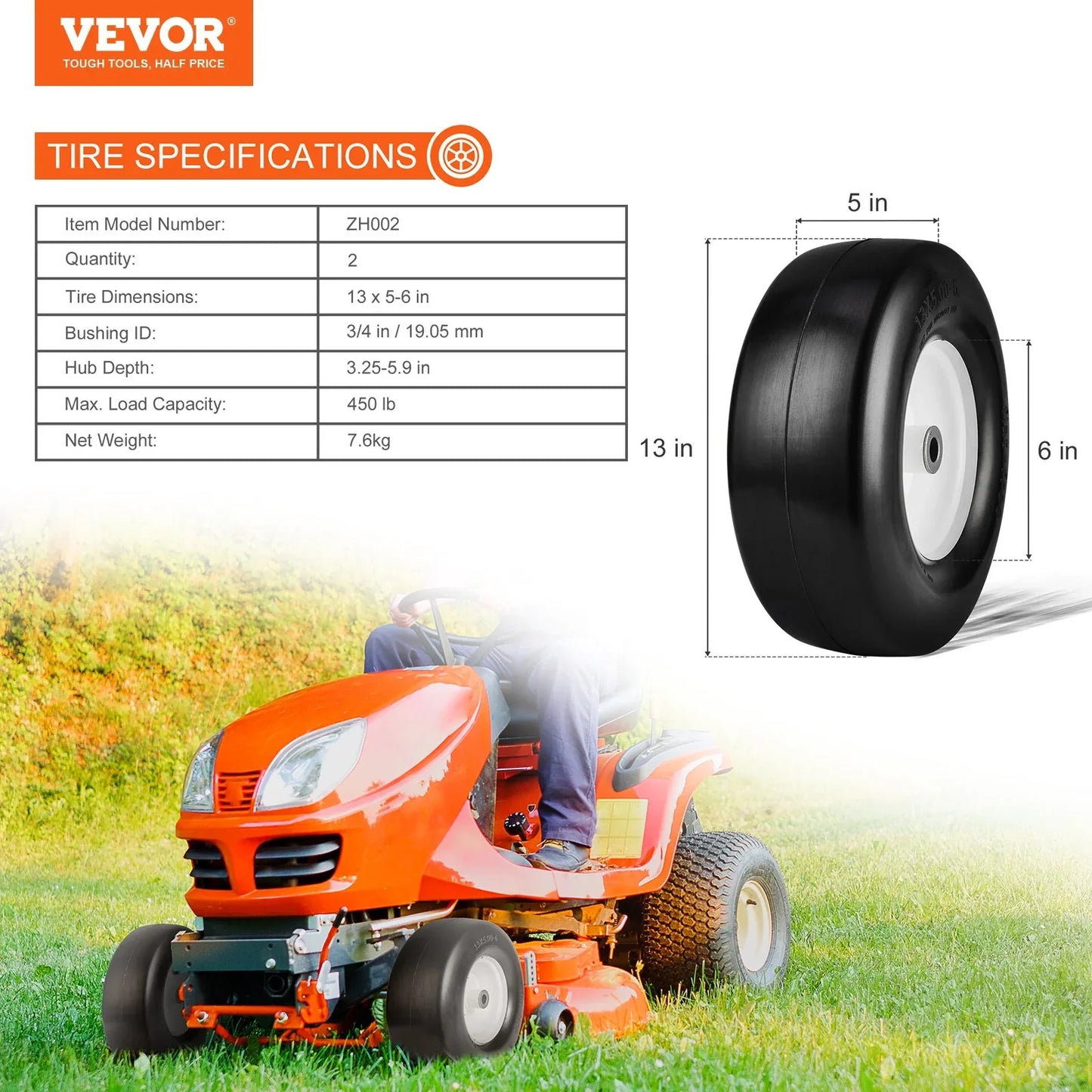 VEVOR Lawn Mower Tires with Rim, 13x5-6" Tubeless Tractor Tires, 2-Pack Tire and Wheel Assembly, Flat-free PU Tires, 3.25"-5.9" Centered Hub, 3/4" Bushing Size, 20 PCS Adapter for Lawn Mowers Tractors - Mekamart Australia
