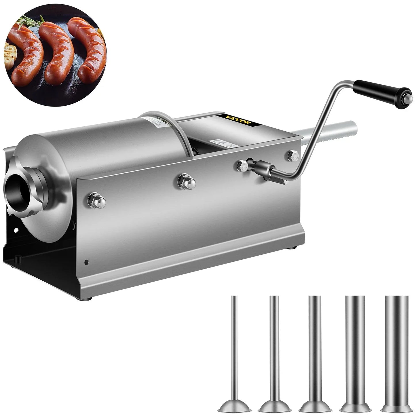 VEVOR Manual Sausage Stuffer, 3 L / 7 LBS Horizontal Sausage Machine, Dual-Speed Meat Stuffer, Made of Food-Grade 304 Stainless Steel, Includes 5 Stuffing Tubes, for Home Kitchen Restaurant Commercial - Mekamart Australia