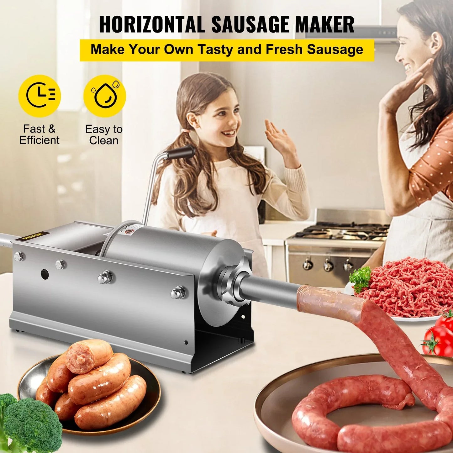 VEVOR Manual Sausage Stuffer, 3 L / 7 LBS Horizontal Sausage Machine, Dual-Speed Meat Stuffer, Made of Food-Grade 304 Stainless Steel, Includes 5 Stuffing Tubes, for Home Kitchen Restaurant Commercial - Mekamart Australia