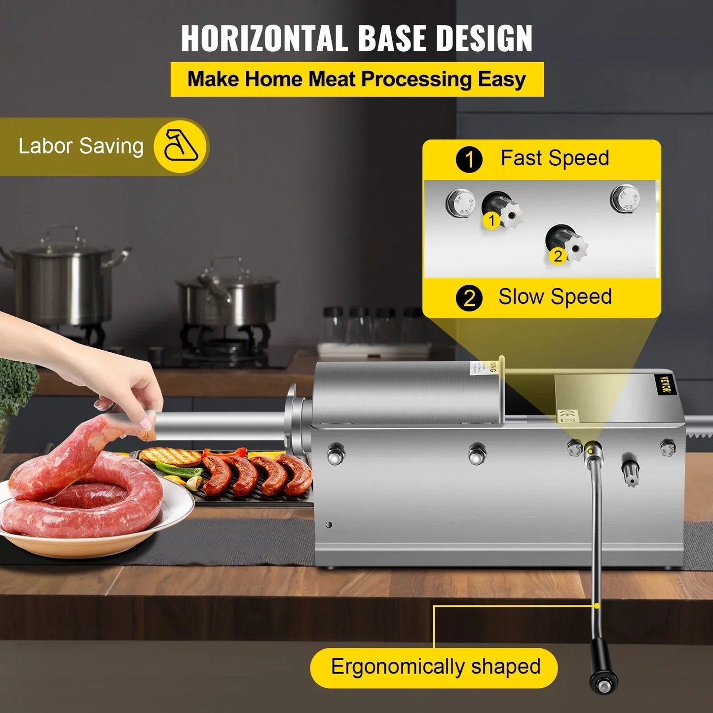VEVOR Manual Sausage Stuffer, 3 L / 7 LBS Horizontal Sausage Machine, Dual-Speed Meat Stuffer, Made of Food-Grade 304 Stainless Steel, Includes 5 Stuffing Tubes, for Home Kitchen Restaurant Commercial - Mekamart Australia