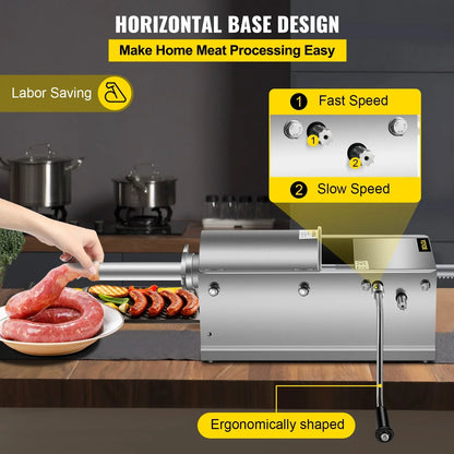 VEVOR Manual Sausage Stuffer, 3 L / 7 LBS Horizontal Sausage Machine, Dual-Speed Meat Stuffer, Made of Food-Grade 304 Stainless Steel, Includes 5 Stuffing Tubes, for Home Kitchen Restaurant Commercial - Mekamart Australia