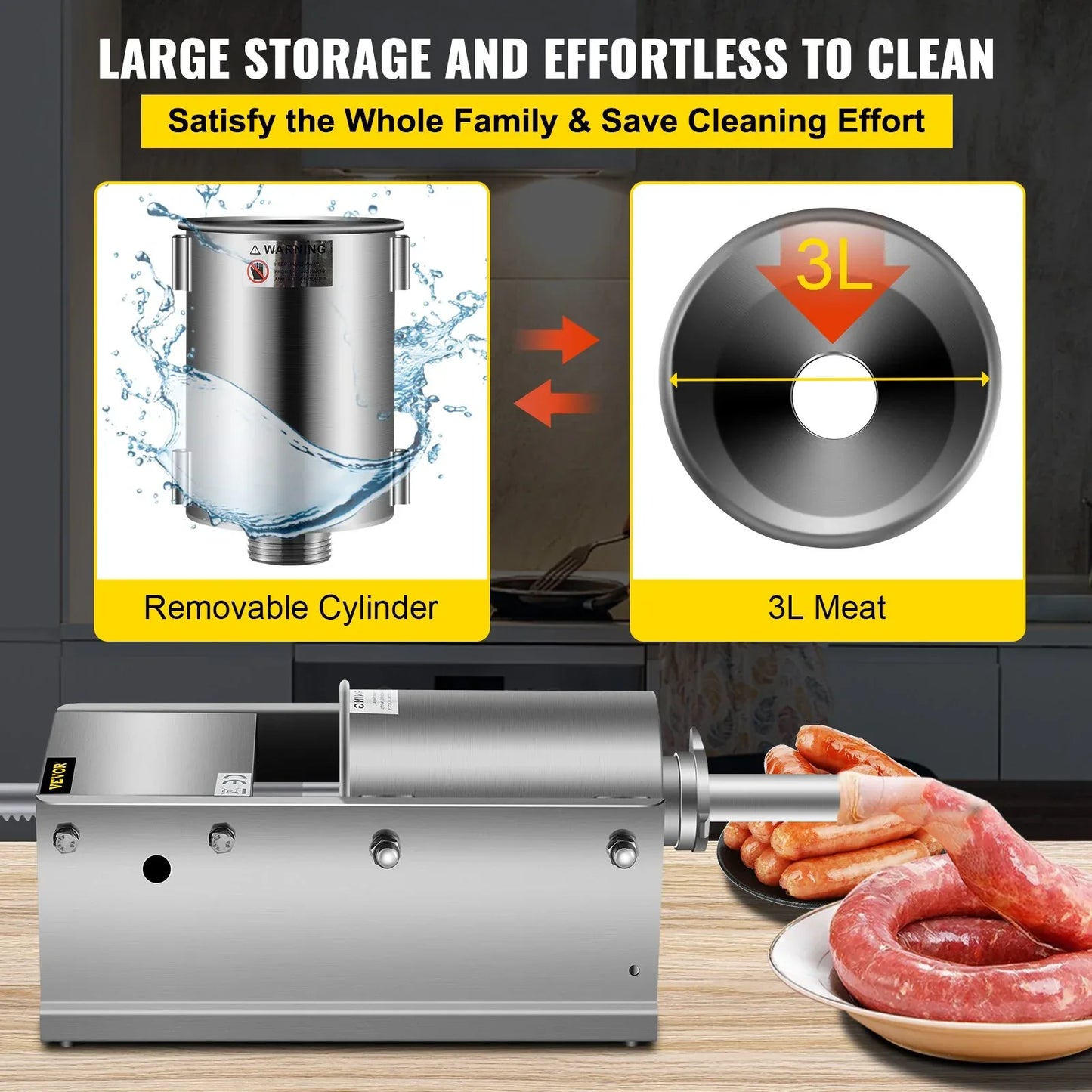 VEVOR Manual Sausage Stuffer, 3 L / 7 LBS Horizontal Sausage Machine, Dual-Speed Meat Stuffer, Made of Food-Grade 304 Stainless Steel, Includes 5 Stuffing Tubes, for Home Kitchen Restaurant Commercial - Mekamart Australia