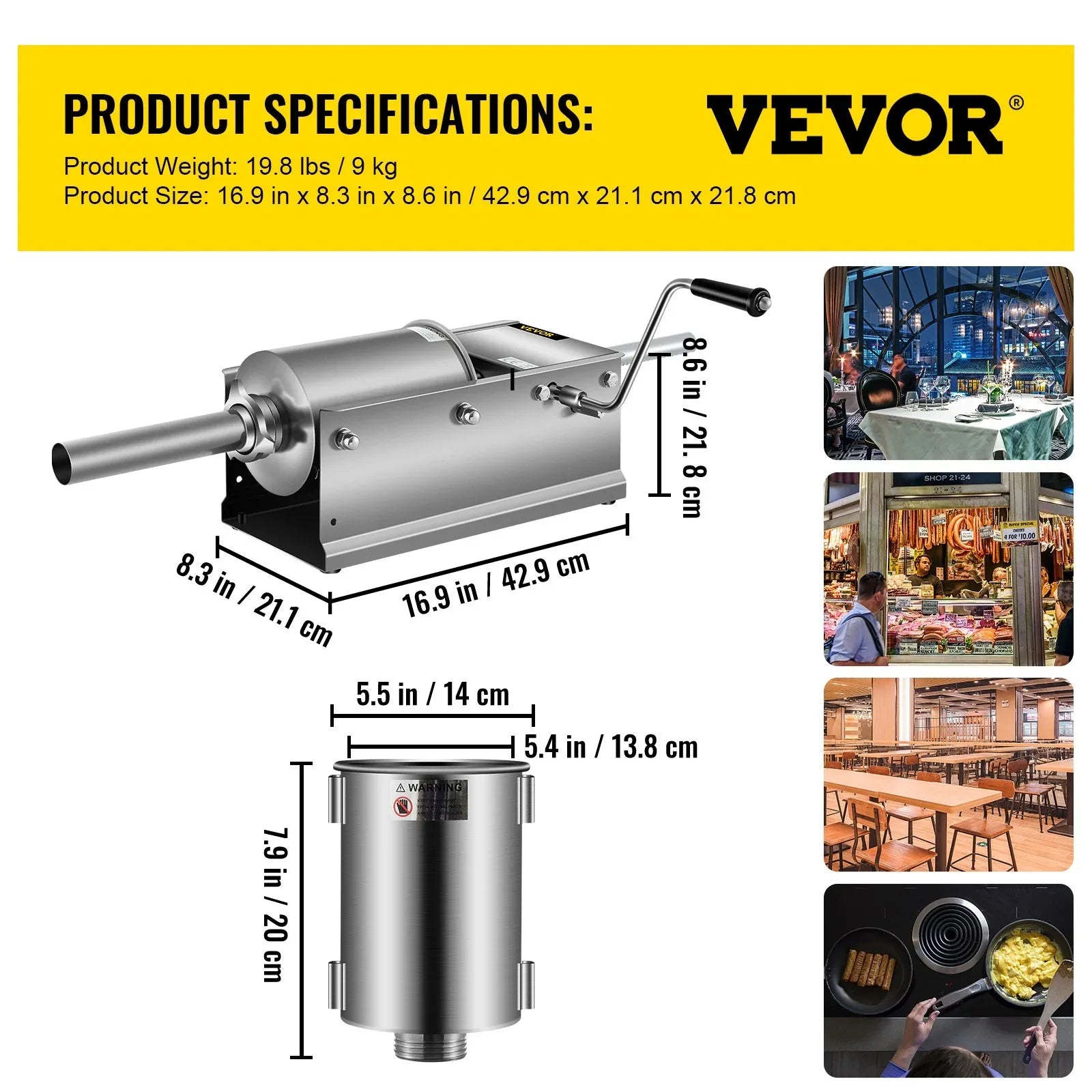 VEVOR Manual Sausage Stuffer, 3 L / 7 LBS Horizontal Sausage Machine, Dual-Speed Meat Stuffer, Made of Food-Grade 304 Stainless Steel, Includes 5 Stuffing Tubes, for Home Kitchen Restaurant Commercial - Mekamart Australia