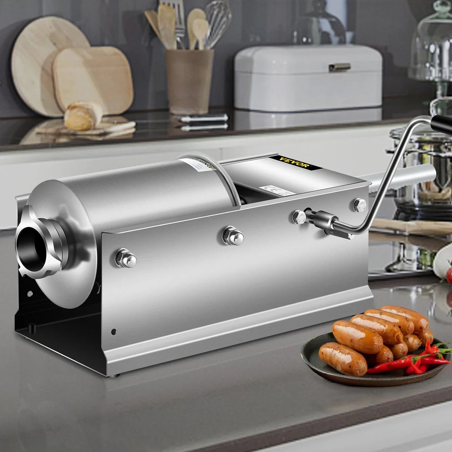 VEVOR Manual Sausage Stuffer, 3 L / 7 LBS Horizontal Sausage Machine, Dual-Speed Meat Stuffer, Made of Food-Grade 304 Stainless Steel, Includes 5 Stuffing Tubes, for Home Kitchen Restaurant Commercial - Mekamart Australia