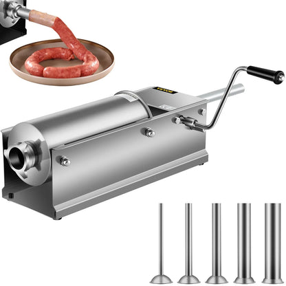 VEVOR Manual Sausage Stuffer, 5 L / 11 LBS Horizontal Sausage Machine, Dual-Speed Meat Stuffer, Made of Food-Grade 304 Stainless Steel, Includes 5 Stuffing Tubes, for Home Kitchen Restaurant Commercia - Mekamart Australia