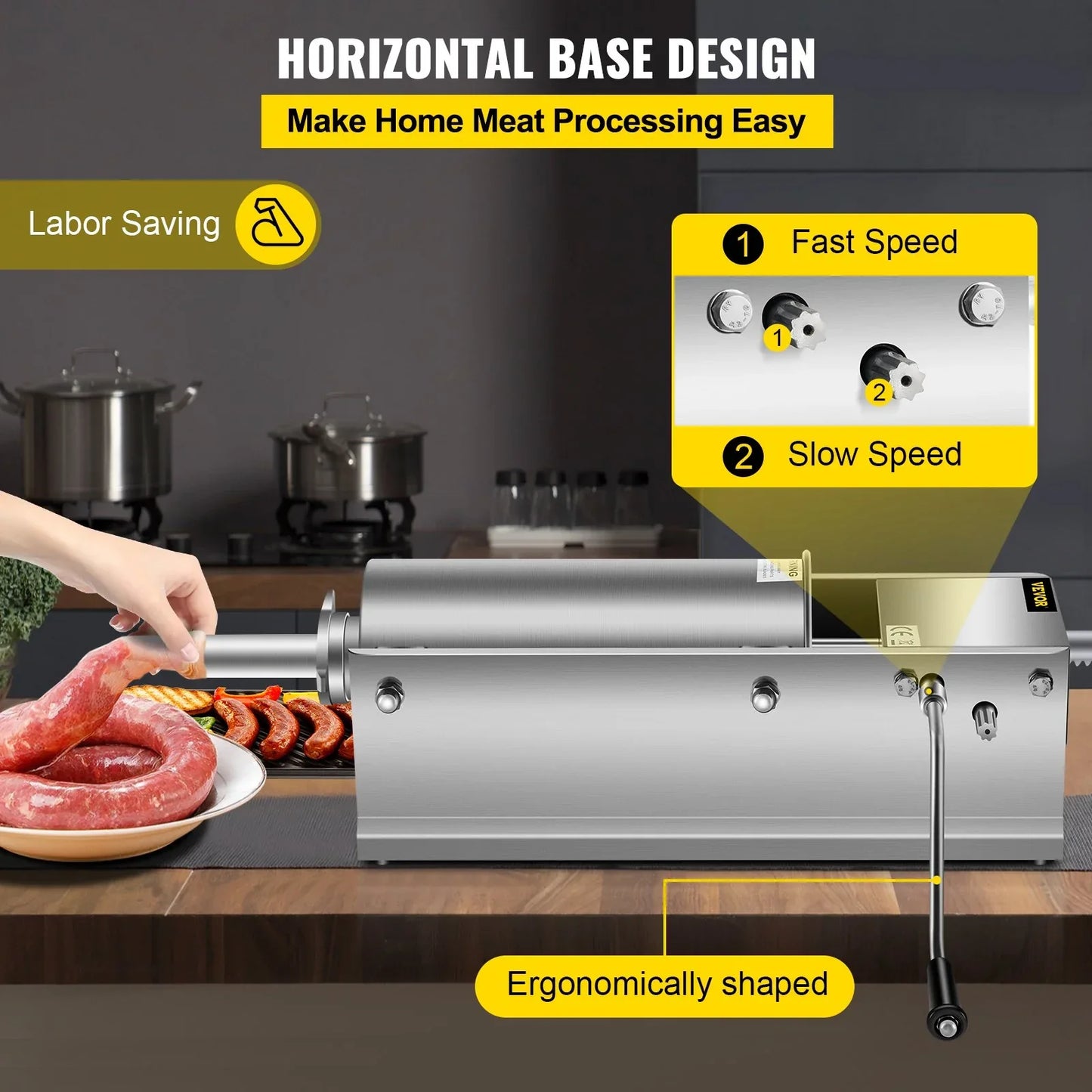 VEVOR Manual Sausage Stuffer, 5 L / 11 LBS Horizontal Sausage Machine, Dual-Speed Meat Stuffer, Made of Food-Grade 304 Stainless Steel, Includes 5 Stuffing Tubes, for Home Kitchen Restaurant Commercia - Mekamart Australia