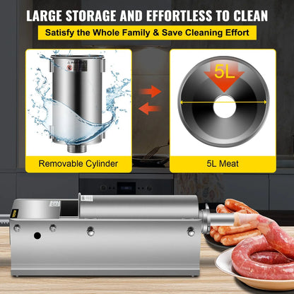 VEVOR Manual Sausage Stuffer, 5 L / 11 LBS Horizontal Sausage Machine, Dual-Speed Meat Stuffer, Made of Food-Grade 304 Stainless Steel, Includes 5 Stuffing Tubes, for Home Kitchen Restaurant Commercia - Mekamart Australia