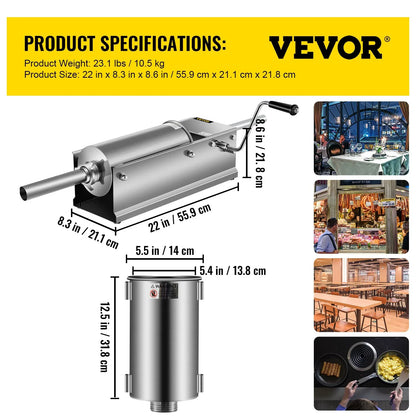 VEVOR Manual Sausage Stuffer, 5 L / 11 LBS Horizontal Sausage Machine, Dual-Speed Meat Stuffer, Made of Food-Grade 304 Stainless Steel, Includes 5 Stuffing Tubes, for Home Kitchen Restaurant Commercia - Mekamart Australia