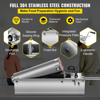 VEVOR Manual Sausage Stuffer, 7 L / 15 LBS Horizontal Sausage Machine, Dual-Speed Meat Stuffer, Made of Food-Grade 304 Stainless Steel, Includes 5 Stuffing Tubes, for Home Kitchen Restaurant Commercia - Mekamart Australia