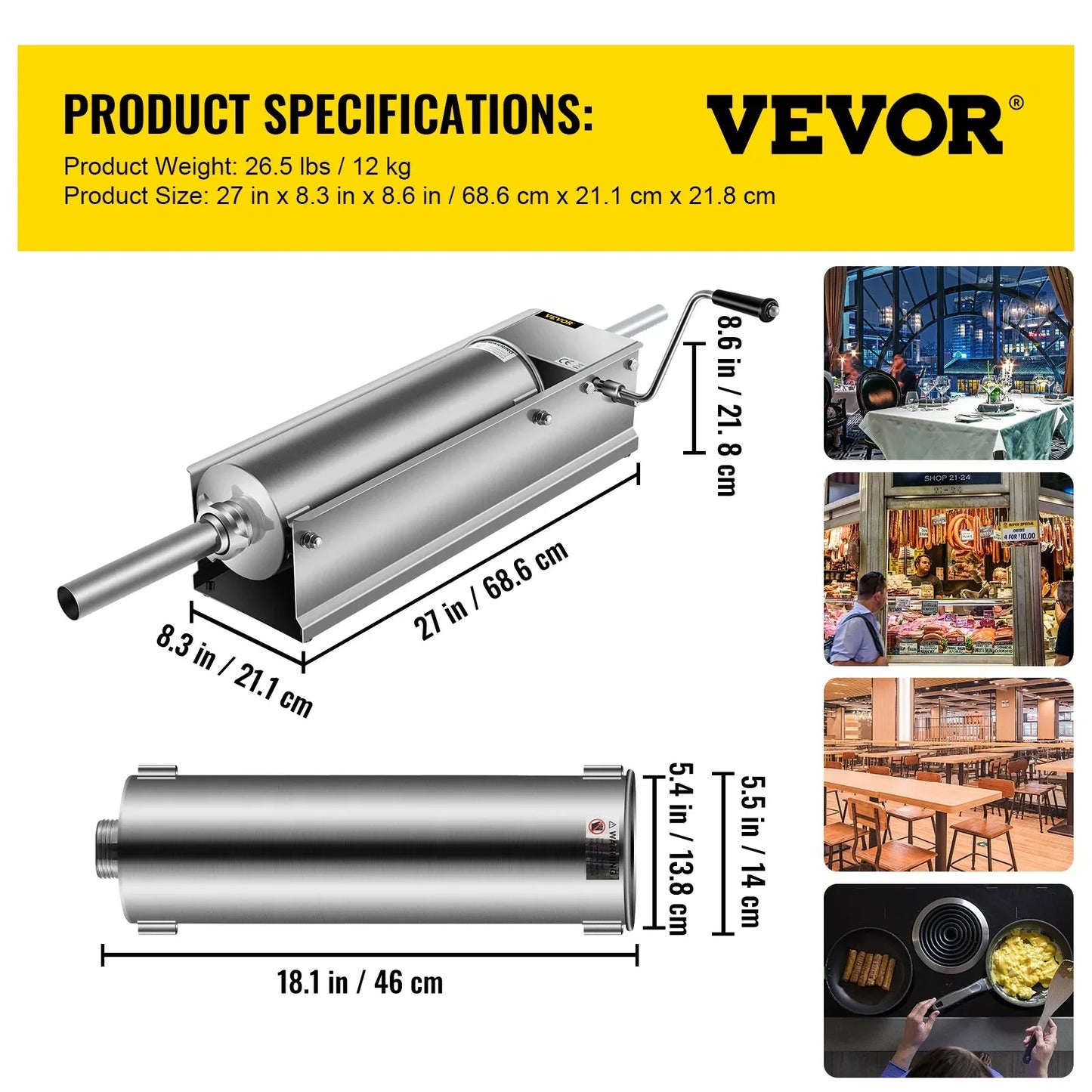 VEVOR Manual Sausage Stuffer, 7 L / 15 LBS Horizontal Sausage Machine, Dual-Speed Meat Stuffer, Made of Food-Grade 304 Stainless Steel, Includes 5 Stuffing Tubes, for Home Kitchen Restaurant Commercia - Mekamart Australia