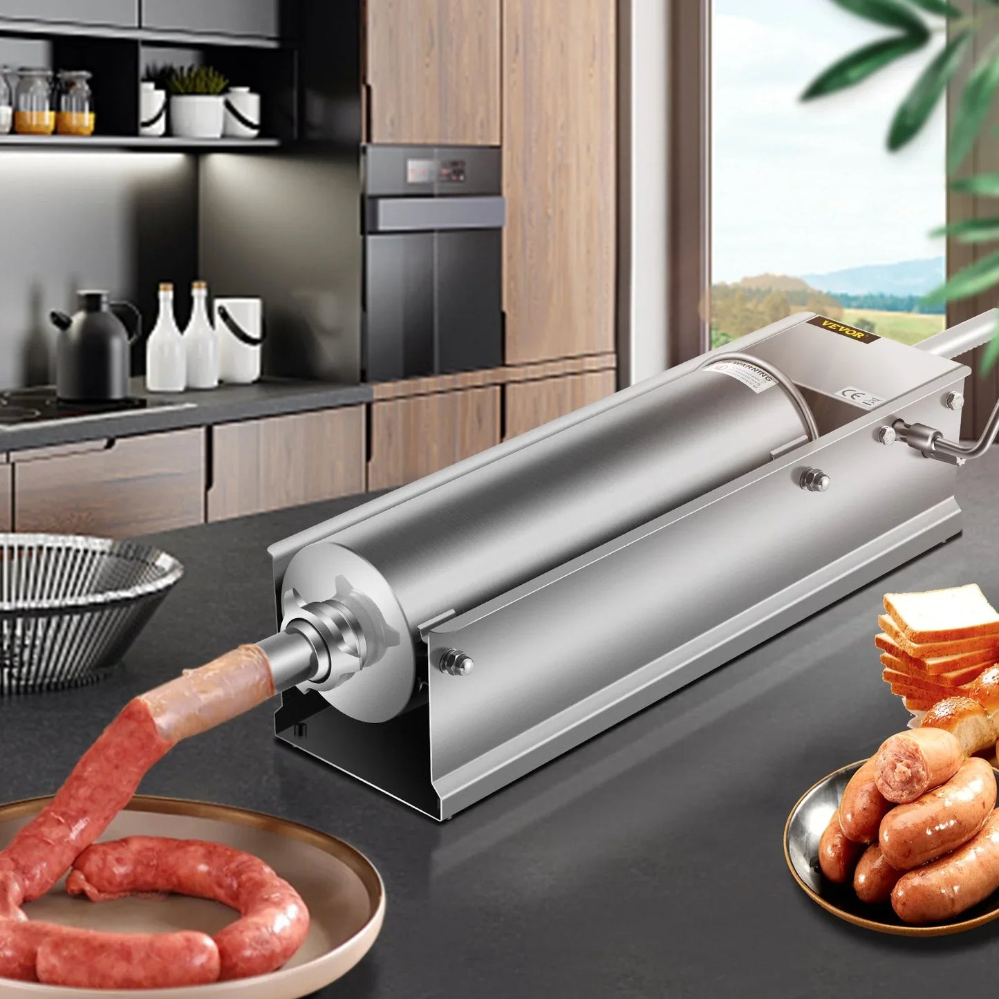 VEVOR Manual Sausage Stuffer, 7 L / 15 LBS Horizontal Sausage Machine, Dual-Speed Meat Stuffer, Made of Food-Grade 304 Stainless Steel, Includes 5 Stuffing Tubes, for Home Kitchen Restaurant Commercia - Mekamart Australia