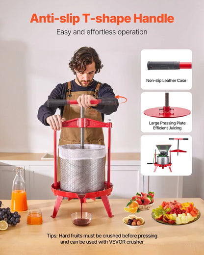 VEVOR 3.69 Gal/14L Fruit Wine Press, Stainless Steel Basket with Cross-beam and Triangular Structure, Manual Juice Maker, Cider Apple Grape Tincture Making Press with T-Handle for Kitchen Home - Mekamart Australia