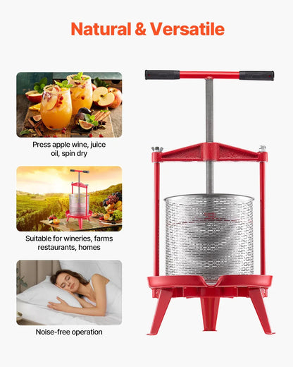 VEVOR 3.69 Gal/14L Fruit Wine Press, Stainless Steel Basket with Cross-beam and Triangular Structure, Manual Juice Maker, Cider Apple Grape Tincture Making Press with T-Handle for Kitchen Home - Mekamart Australia