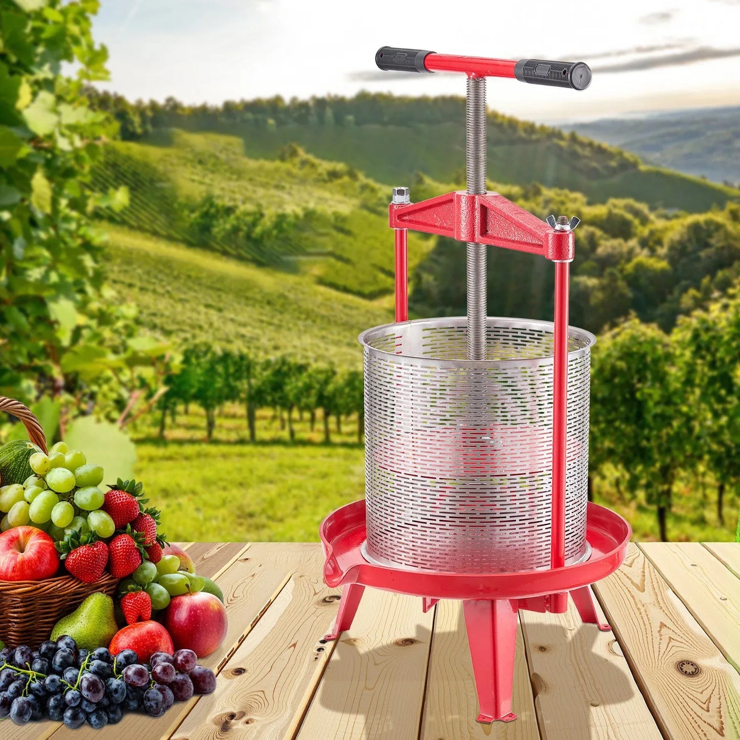 VEVOR 3.69 Gal/14L Fruit Wine Press, Stainless Steel Basket with Cross-beam and Triangular Structure, Manual Juice Maker, Cider Apple Grape Tincture Making Press with T-Handle for Kitchen Home - Mekamart Australia
