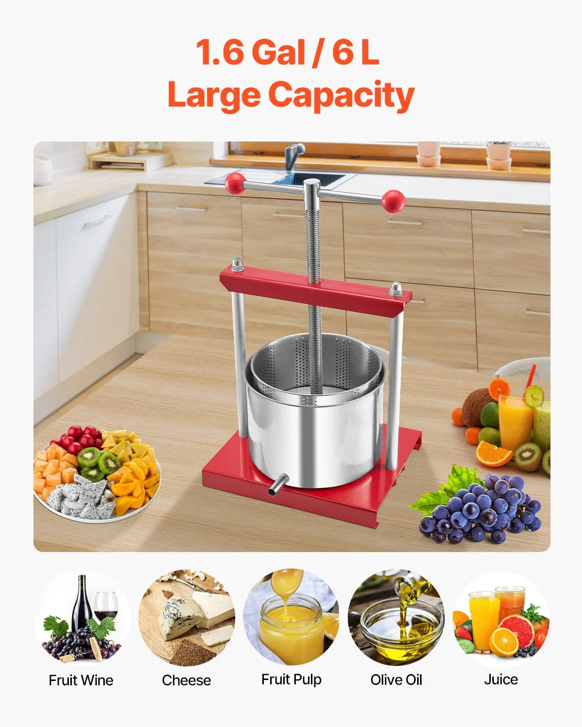 VEVOR Fruit Wine Press Manual Press for Wine Making 1.6 Gal/6L Stainless Steel - Mekamart Australia