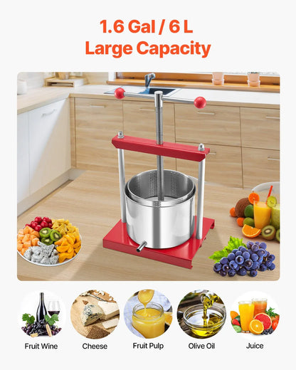 VEVOR Fruit Wine Press Manual Press for Wine Making 1.6 Gal/6L Stainless Steel - Mekamart Australia