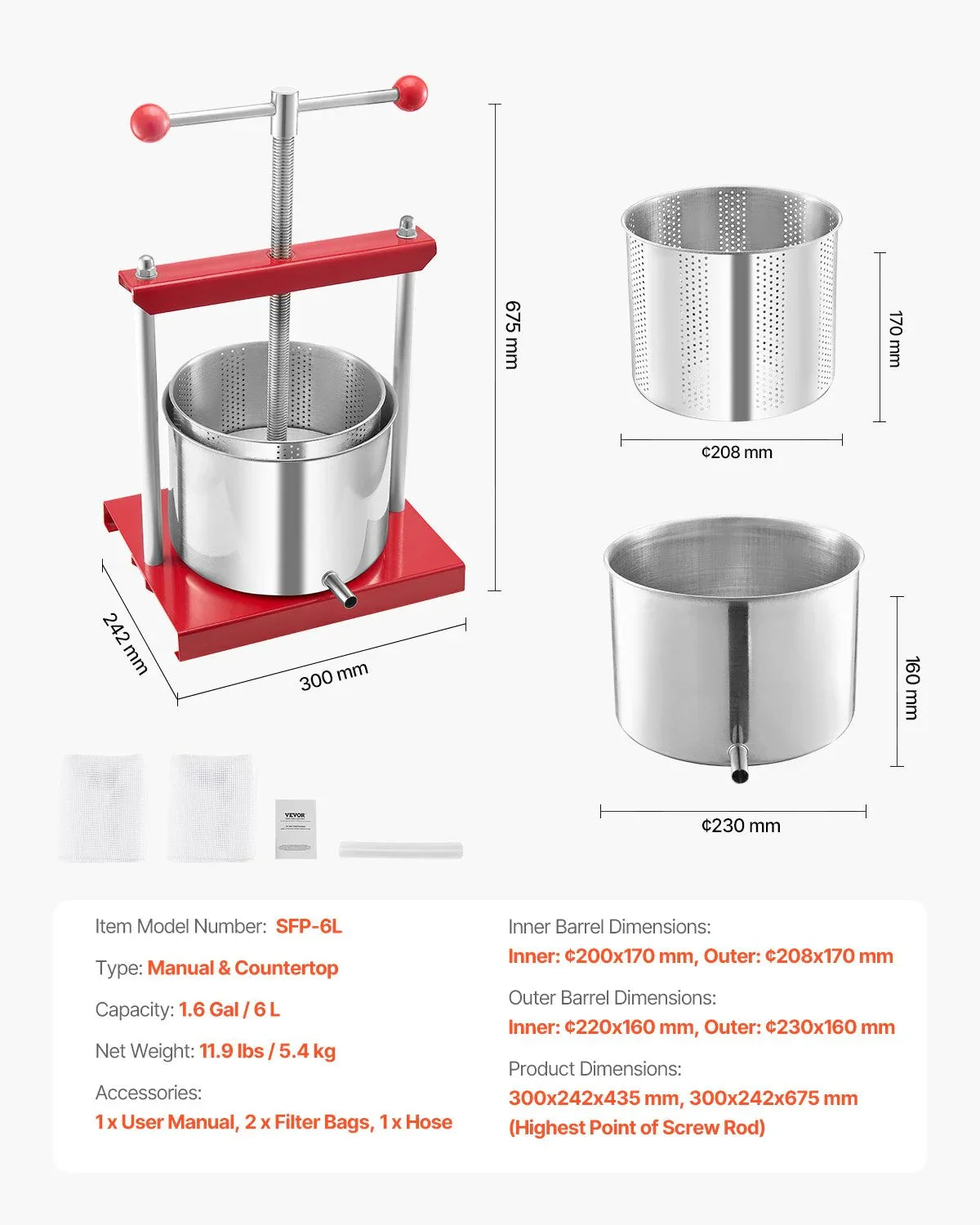 VEVOR Fruit Wine Press Manual Press for Wine Making 1.6 Gal/6L Stainless Steel - Mekamart Australia