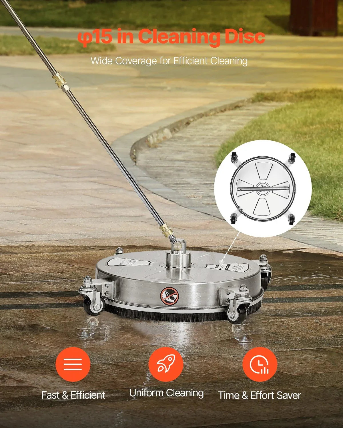 VEVOR 15" Pressure Washer Surface Cleaner 4 Wheels 4000 Max PSI 2 Extended Wands - Mekamart Australia