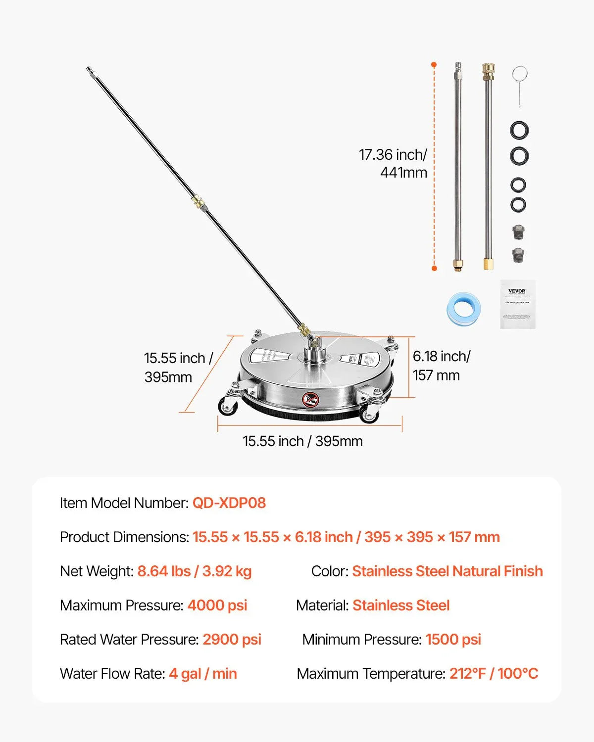 VEVOR 15" Pressure Washer Surface Cleaner 4 Wheels 4000 Max PSI 2 Extended Wands - Mekamart Australia