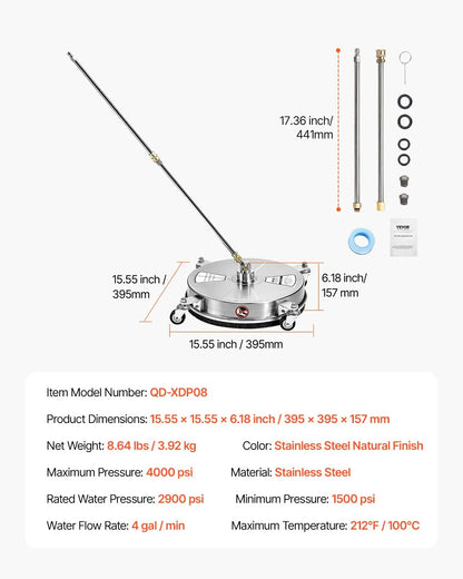 VEVOR 15" Pressure Washer Surface Cleaner 4 Wheels 4000 Max PSI 2 Extended Wands - Mekamart Australia