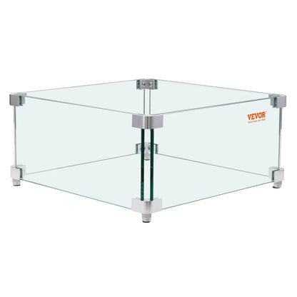 VEVOR Gas Fire Pit Wind Guard for Square Fire Table, 380 x 380 x 180 mm Clear Tempered Wind Guard for Firepits, 8mm Thick Square Glass Shield, Glass Panel with Hard Corner Bracket & Feet - Mekamart Australia