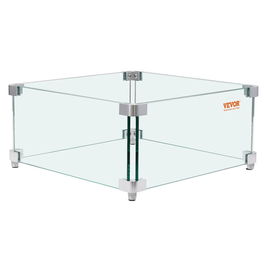 VEVOR Gas Fire Pit Wind Guard for Square Fire Table, 380 x 380 x 180 mm Clear Tempered Wind Guard for Firepits, 8mm Thick Square Glass Shield, Glass Panel with Hard Corner Bracket & Feet - Mekamart Australia