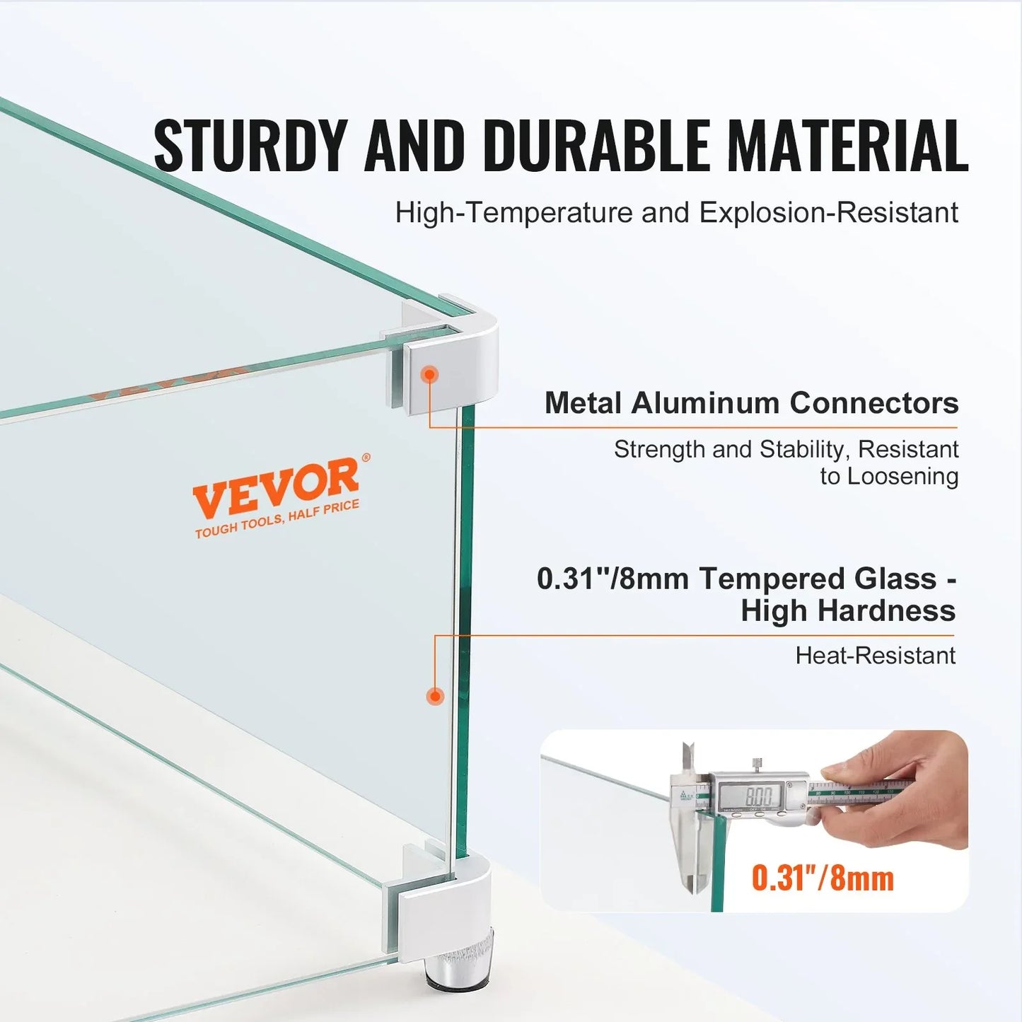 VEVOR Gas Fire Pit Wind Guard for Square Fire Table, 380 x 380 x 180 mm Clear Tempered Wind Guard for Firepits, 8mm Thick Square Glass Shield, Glass Panel with Hard Corner Bracket & Feet - Mekamart Australia