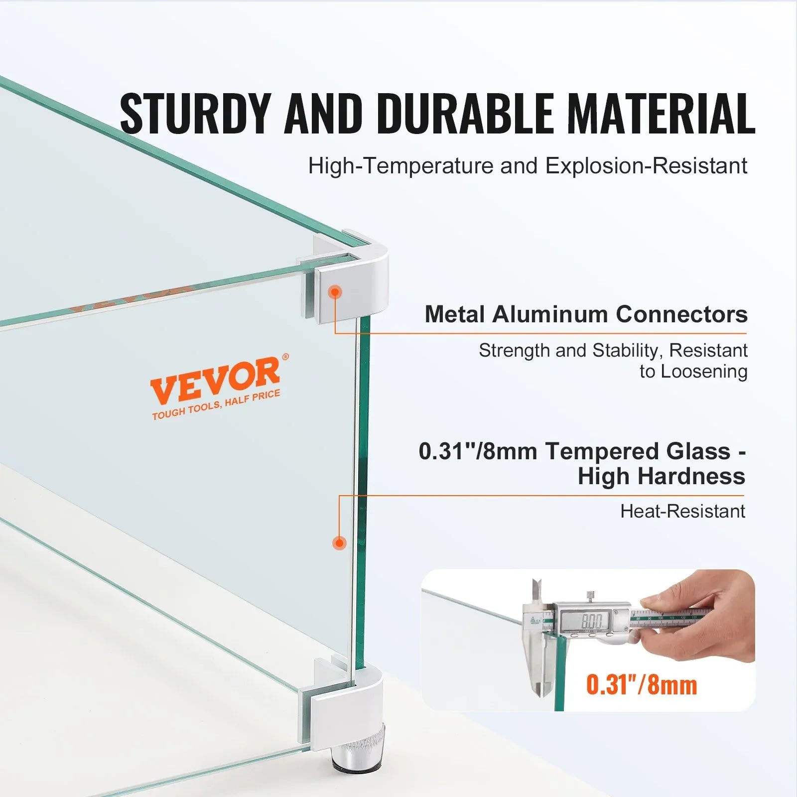 VEVOR Gas Fire Pit Wind Guard for Square Fire Table, 380 x 380 x 180 mm Clear Tempered Wind Guard for Firepits, 8mm Thick Square Glass Shield, Glass Panel with Hard Corner Bracket & Feet - Mekamart Australia