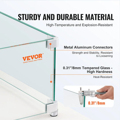 VEVOR Gas Fire Pit Wind Guard for Square Fire Table, 380 x 380 x 180 mm Clear Tempered Wind Guard for Firepits, 8mm Thick Square Glass Shield, Glass Panel with Hard Corner Bracket & Feet - Mekamart Australia