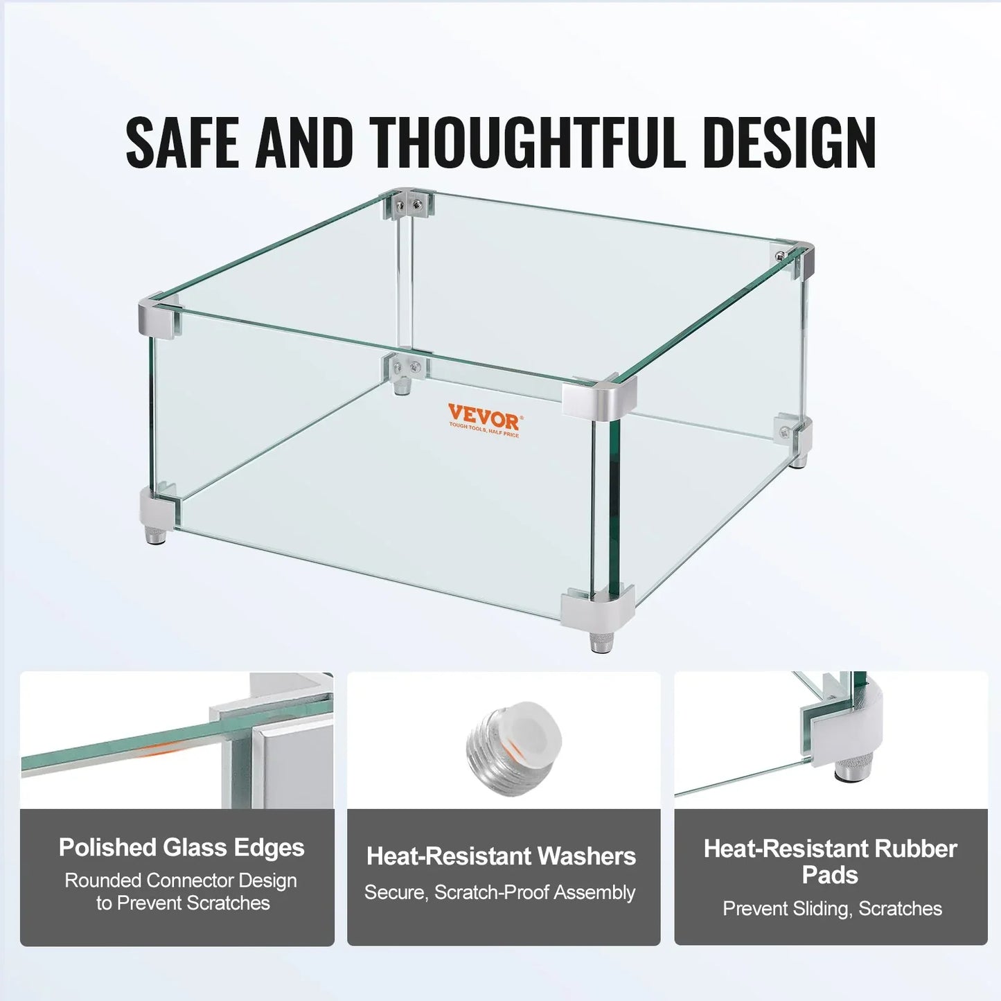 VEVOR Gas Fire Pit Wind Guard for Square Fire Table, 380 x 380 x 180 mm Clear Tempered Wind Guard for Firepits, 8mm Thick Square Glass Shield, Glass Panel with Hard Corner Bracket & Feet - Mekamart Australia