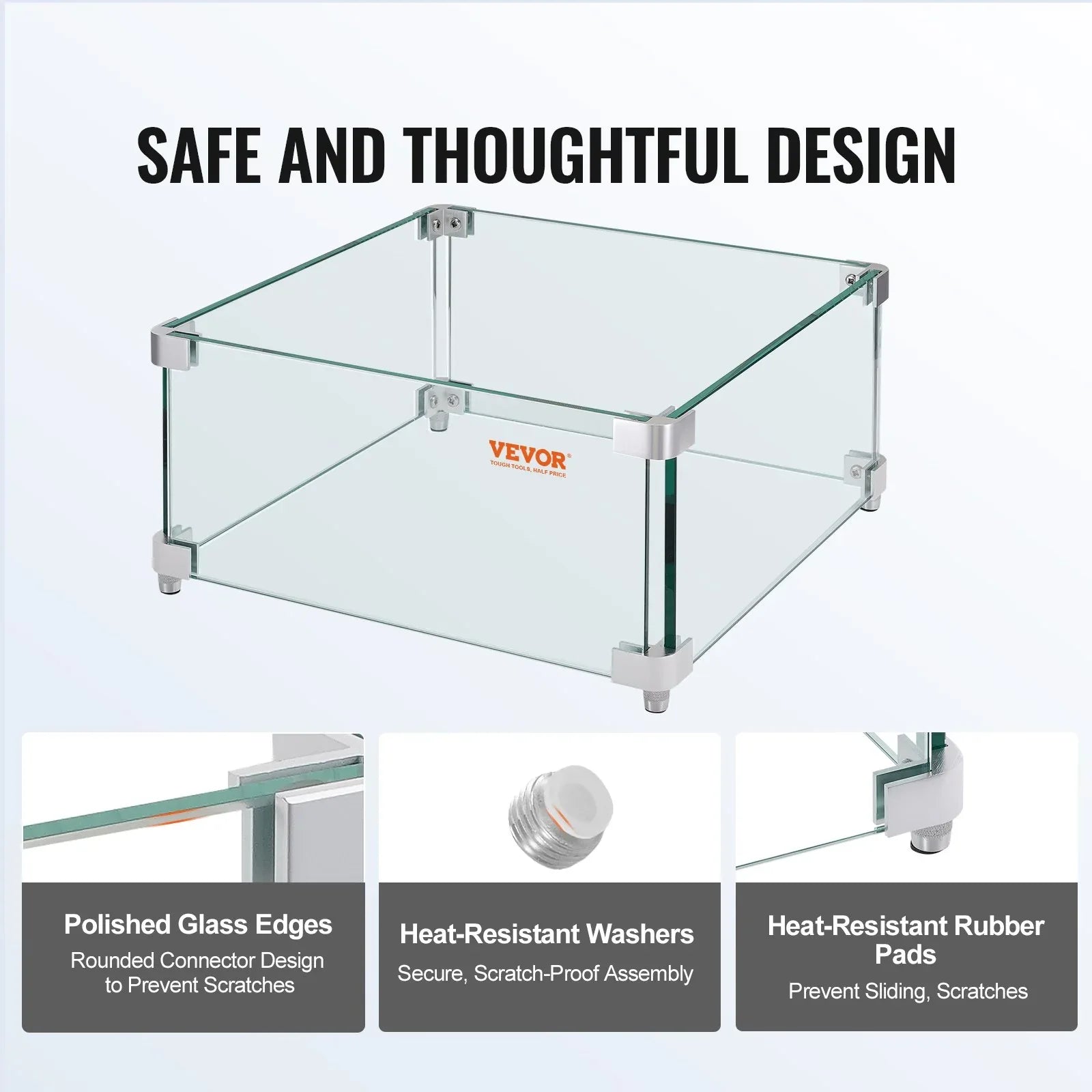 VEVOR Gas Fire Pit Wind Guard for Square Fire Table, 380 x 380 x 180 mm Clear Tempered Wind Guard for Firepits, 8mm Thick Square Glass Shield, Glass Panel with Hard Corner Bracket & Feet - Mekamart Australia