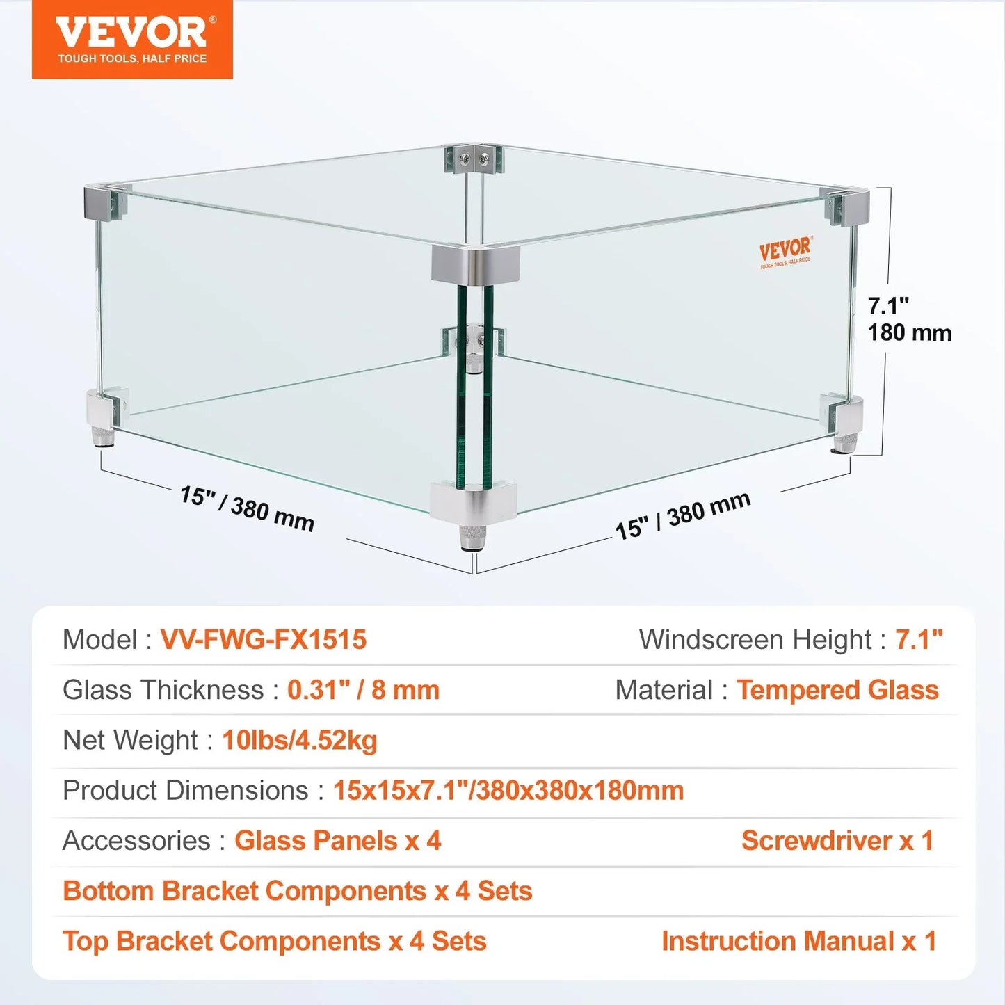 VEVOR Gas Fire Pit Wind Guard for Square Fire Table, 380 x 380 x 180 mm Clear Tempered Wind Guard for Firepits, 8mm Thick Square Glass Shield, Glass Panel with Hard Corner Bracket & Feet - Mekamart Australia