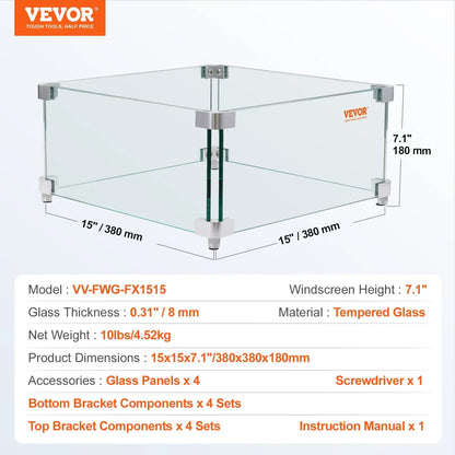 VEVOR Gas Fire Pit Wind Guard for Square Fire Table, 380 x 380 x 180 mm Clear Tempered Wind Guard for Firepits, 8mm Thick Square Glass Shield, Glass Panel with Hard Corner Bracket & Feet - Mekamart Australia