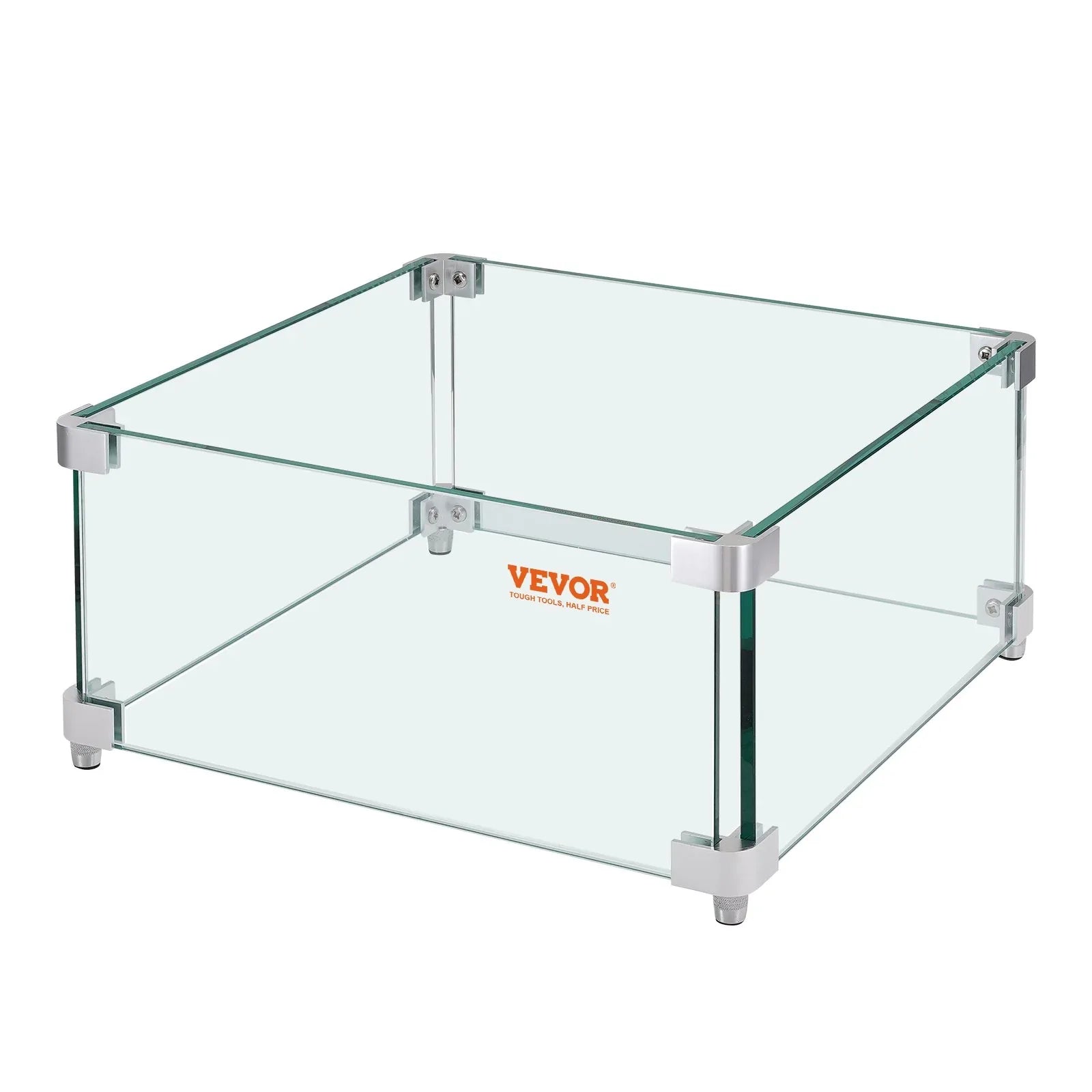 VEVOR Gas Fire Pit Wind Guard for Square Fire Table, 380 x 380 x 180 mm Clear Tempered Wind Guard for Firepits, 8mm Thick Square Glass Shield, Glass Panel with Hard Corner Bracket & Feet - Mekamart Australia