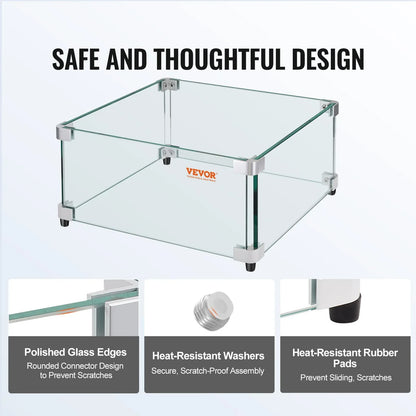 VEVOR Gas Fire Pit Wind Guard for Square Fire Table, 543 x 543 x 191 mm Clear Tempered Wind Guard for Firepits, 8mm Thick Square Glass Shield, Glass Panel with Hard Corner Bracket & Feet - Mekamart Australia