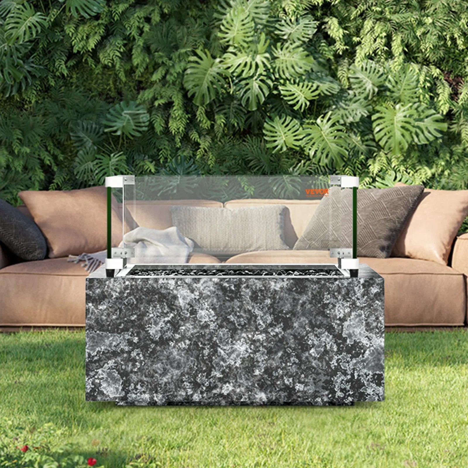 VEVOR Gas Fire Pit Wind Guard for Square Fire Table, 543 x 543 x 191 mm Clear Tempered Wind Guard for Firepits, 8mm Thick Square Glass Shield, Glass Panel with Hard Corner Bracket & Feet - Mekamart Australia