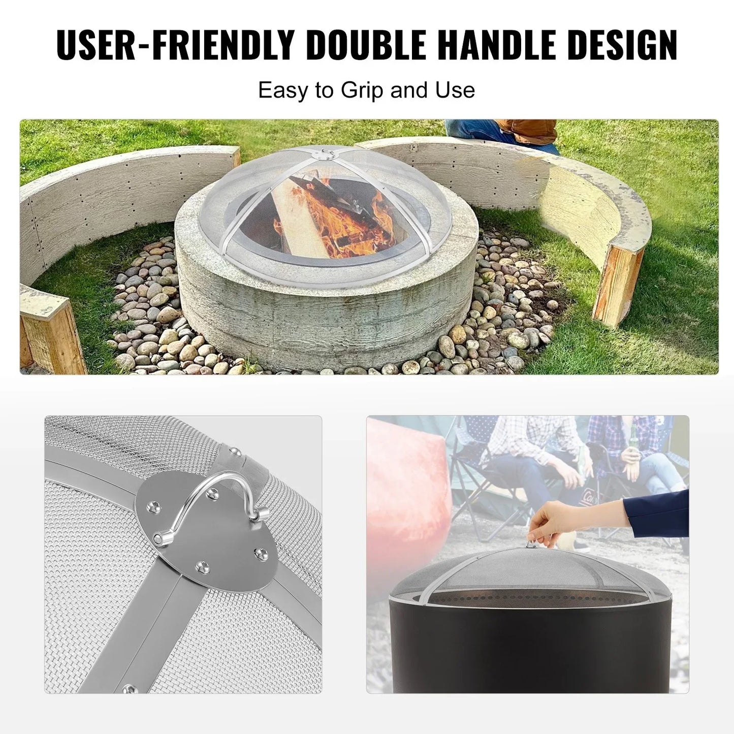 VEVOR Fire Pit Spark Screen Round 40", Reinforced Heavy Duty Steel Metal Cover, Outdoor Firepit Lid, Easy-Opening Top Screen Covers Round with Ring Handle for Outdoor Patio Fire Pits Backyard - Mekamart Australia