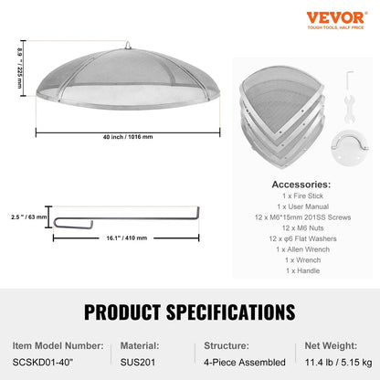 VEVOR Fire Pit Spark Screen Round 40", Reinforced Heavy Duty Steel Metal Cover, Outdoor Firepit Lid, Easy-Opening Top Screen Covers Round with Ring Handle for Outdoor Patio Fire Pits Backyard - Mekamart Australia