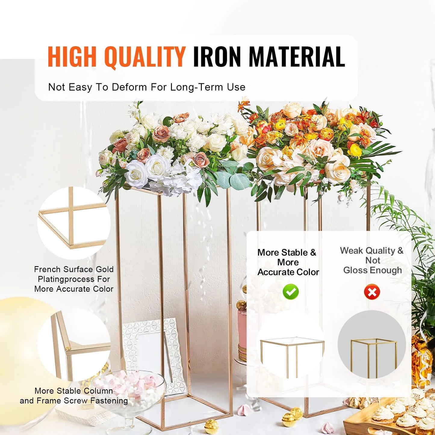VEVOR 10PCS 31.5inch/80cm High Wedding Flower Stand, With Acrylic Laminate,Metal Vase Column Geometric Centerpiece Stands, Gold Rectangular Floral Display Rack for Events Reception, Party Decoration - Mekamart Australia