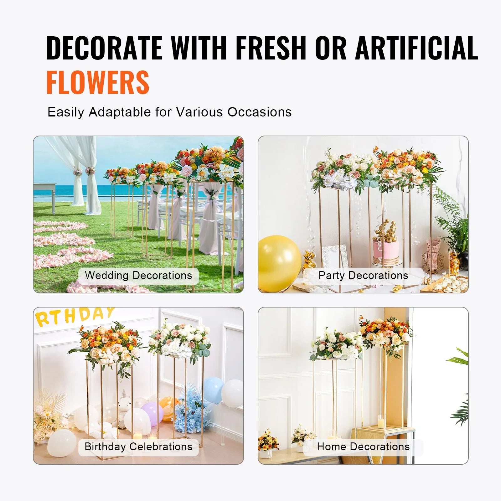 VEVOR 10PCS 31.5inch/80cm High Wedding Flower Stand, With Acrylic Laminate,Metal Vase Column Geometric Centerpiece Stands, Gold Rectangular Floral Display Rack for Events Reception, Party Decoration - Mekamart Australia