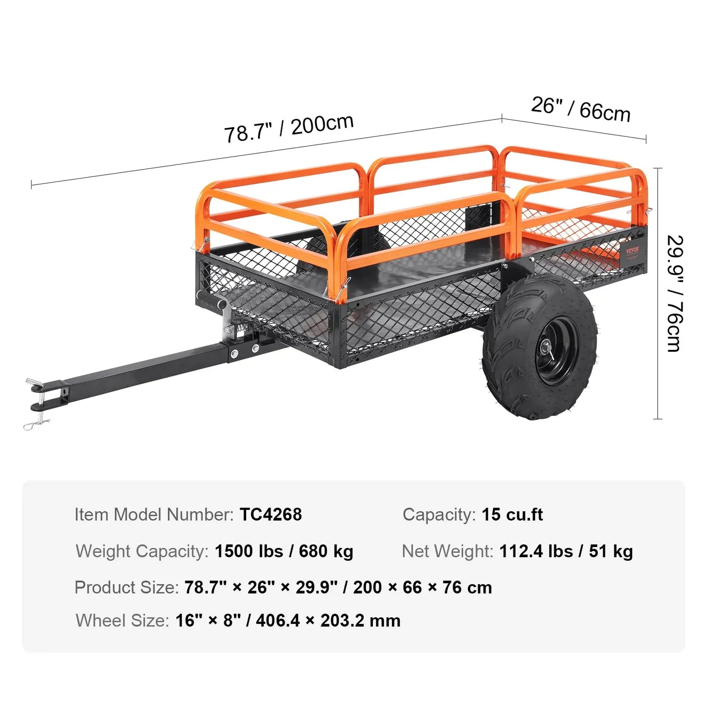 VEVOR Heavy Duty Steel ATV Dump Trailer, 1500-Pound Load Capacity 15 Cubic Feet, Tow Behind Dump Cart Garden Trailer, with Removable Sides and 2 Tires, for Mowers, Tractors, ATV, UTV - Mekamart Australia
