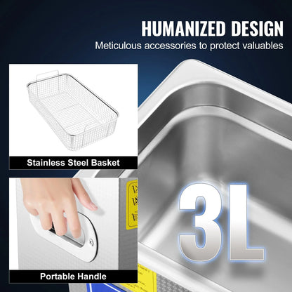 VEVOR Ultrasonic Cleaner Machine 3L Stainless Steel Ultrasonic Cleaning Machine Digital Heater Timer Jewelry Cleaning for Commercial Personal Home Use (3L) - Mekamart Australia
